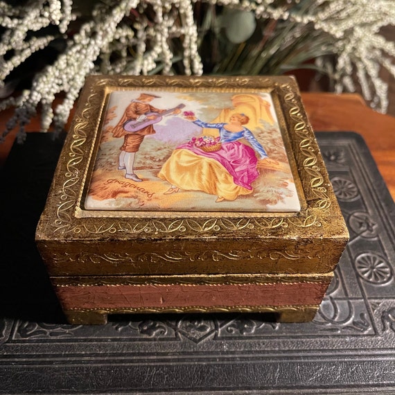 Italian Florentine Wood Jewelry Box with Plush Li… - image 1
