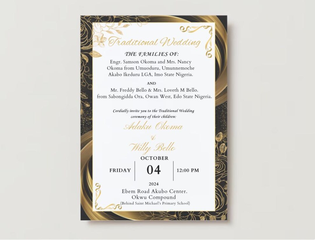 Simple Traditional Wedding Invitation | Gold and Black | African ...