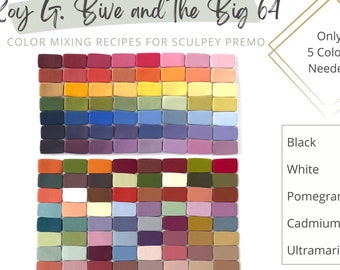 May include: A colour mixing chart for polymer clay with 120 colour recipes and 120 recipe cards. The chart shows 64 different colours that can be mixed using only five colours: black, white, pomegranate, cadmium yellow, and ultramarine blue.  "Roy G. Bive and the Big 64" is written at the top of the chart.