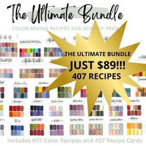 Può includere: Una grafica a forma di stella dorata con il testo "The Ultimate Bundle JUST $89!!! 407 Recipes" su uno sfondo bianco con una griglia di campioni di colore. I campioni sono etichettati con nomi come "Bo Ho Ho", "Boho Sunset Lite", "O' Holy Night", "Autumn Fig", "Greensome", "Fightin' Irish", "Summer Wedding", "Mad Pie", e molti altri.