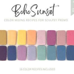 Polymer clay color recipes for Sculpey Premo. Boho Sunset Summer colour palette. Cool, warm, light, dark, bright, pastel colors. Blue, yellow, orange, green, purple, lilac. Mixing guide, recipe cards included. Digital download.