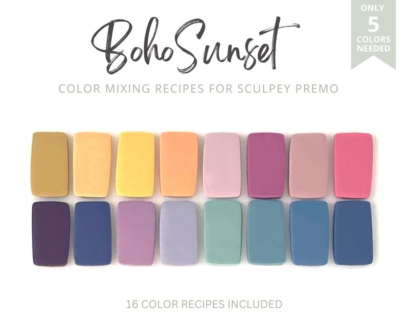 Polymer clay color recipes for Sculpey Premo. Boho Sunset Summer colour palette. Cool, warm, light, dark, bright, pastel colors. Blue, yellow, orange, green, purple, lilac. Mixing guide, recipe cards included. Digital download.