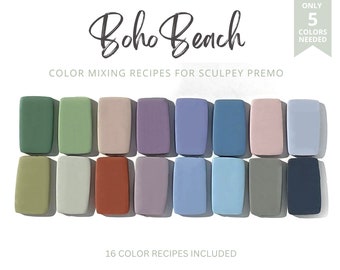 Puede incluir: Recetas de mezcla de colores Boho Beach para arcilla polimérica Sculpey Premo. Se incluyen dieciséis recetas de colores, utilizando solo cinco colores. La imagen muestra 16 muestras de colores.