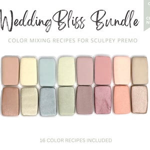 Puede incluir: Un conjunto de 16 muestras de color en varios tonos de rosa, beige y azul. Las muestras están dispuestas en dos filas de ocho. El texto "Wedding Bliss Bundle" está en la parte superior de la imagen. El texto "ONLY 6 COLORS NEEDED" está en un cuadro verde en la parte superior derecha de la imagen. El texto "16 COLOR RECIPES INCLUDED" está en la parte inferior de la imagen.