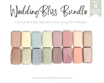 May include: A set of 16 color swatches in various shades of pink, beige, and blue. The swatches are arranged in two rows of eight. The text "Wedding Bliss Bundle" is at the top of the image. The text "ONLY 6 COLORS NEEDED" is in a green box at the top right of the image. The text "16 COLOR RECIPES INCLUDED" is at the bottom of the image.