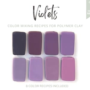 Polymeerklei-kleurenrecepten, paars kleurenpalet, violet koel warm licht donker pastel, receptkaarten, menggids