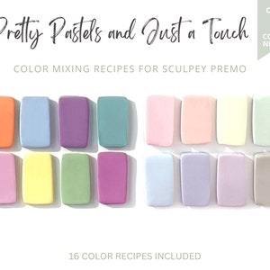Recettes de couleurs en pâte polymère, lot de pastels Sculpey Premo, bleu pastel rose jaune vert, fiches recettes, guide de mélange