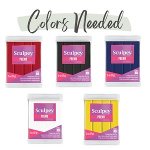 five Sculpey Premo colors are needed to mix the Boho Sunset palette color recipes: Ultramarine Blue, Pomegranate, Cadmium Yellow, White and Black.