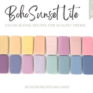 Polymer Clay Farbrezepte, Sculpey Premo Boho Sunset Lite Sommer Farbpalette, Rezeptkarten, Mischanleitung (PDF enthalten).