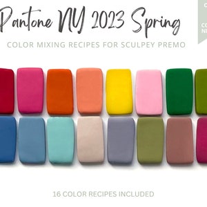 Könnte beinhalten: Eine Sammlung von 16 Farbmustern in verschiedenen Schattierungen von Rot, Orange, Gelb, Grün, Blau und Rosa. Die Muster sind in zwei Reihen zu je acht angeordnet. Der Text "Pantone NY 2023 Spring" befindet sich oben im Bild. Der Text "ONLY 5 COLORS NEEDED" befindet sich in einem grünen Kasten oben rechts im Bild. Der Text "16 COLOR RECIPES INCLUDED" befindet sich unten im Bild.