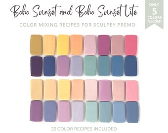 May include: A color chart with 32 color recipes for polymer clay. The chart shows 8 rows of 4 color swatches each. The colors are shades of orange, yellow, pink, purple, blue, and green. The text "Boho Sunset and Boho Sunset Lite" is at the top of the chart. The text "ONLY 5 COLORS NEEDED" is in a white box in the top right corner. The text "32 COLOR RECIPES INCLUDED" is at the bottom of the chart.
