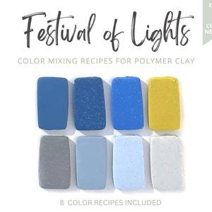 Recettes de couleurs en pâte polymère, palette de couleurs Sculpey Premo Hanukkah, fiches recettes, guide de mélange