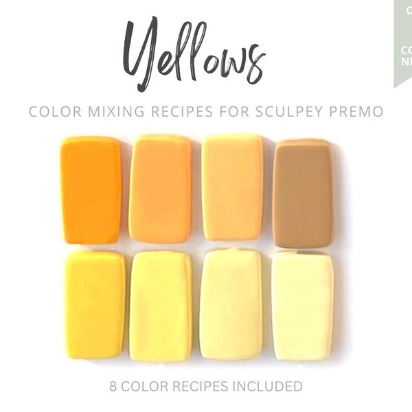 Yellow Polymer Clay Color Recipes | Sculpey Premo | Bright Light Dark Cool Warm Pastel | Recipe Cards | Mixing Guide