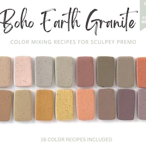 Puede incluir: 16 recetas de mezcla de colores para arcilla polimérica, inspiradas en tonos terrosos. Las recetas solo requieren 5 colores para crear una variedad de tonos.