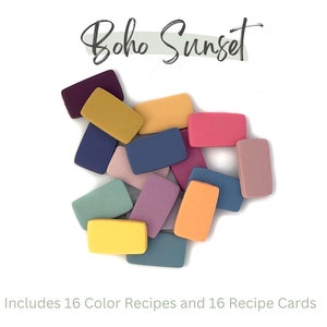 Boho Sunset polymer clay color palette mixed in a pile on a white background to show how the colors play together. Recipe cards included. Digital product.