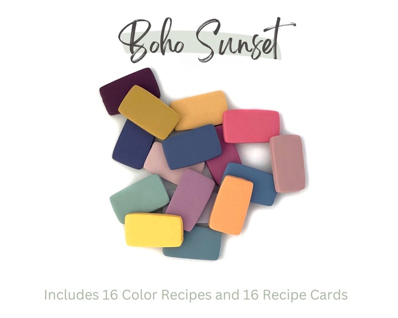Boho Sunset polymer clay color palette mixed in a pile on a white background to show how the colors play together. Recipe cards included. Digital product.