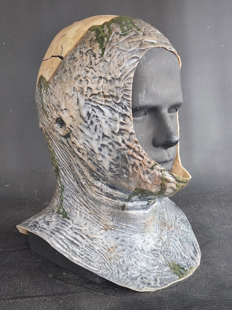 K&ouml;nnte beinhalten: Eine strukturierte Vollkopfmaske mit verwittertem Aussehen. Die Maske hat einen beigefarbenen oberen Bereich und einen grauen und gr&uuml;nen unteren Bereich mit einem geformten, organischen Design. Die Maske wird auf einem schwarzen Schaufensterkopf pr&auml;sentiert.