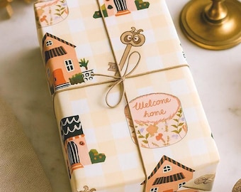 Welcome Home Wrapping Paper Rustic Cottagecore Gift Wrap, Housewarming Gift Wrap Gingham Wrapping Paper Gift Wrap for New Home Owners