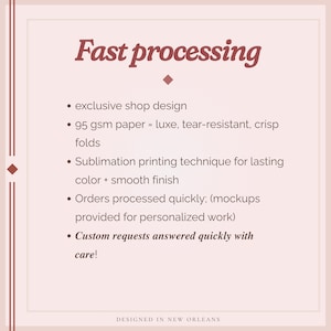 May include: A light pink graphic with the words "Fast processing" in a burgundy script. Bullet points highlight exclusive shop design, 95 gsm paper, sublimation printing, quick order processing, and custom request handling. The text "DESIGNED IN NEW ORLEANS" is at the bottom.