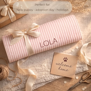 Puede incluir: Una caja de regalo a rayas rosas y blancas atada con una cinta crema. El nombre "LOLA" est&aacute; impreso en la caja. Tambi&eacute;n hay una peque&ntilde;a tarjeta con una huella de pata y las palabras "welcome home".