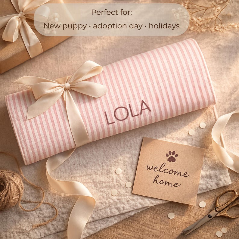 Puede incluir: Una caja de regalo a rayas rosas y blancas atada con una cinta crema. El nombre "LOLA" est&aacute; impreso en la caja. Tambi&eacute;n hay una peque&ntilde;a tarjeta con una huella de pata y las palabras "welcome home".