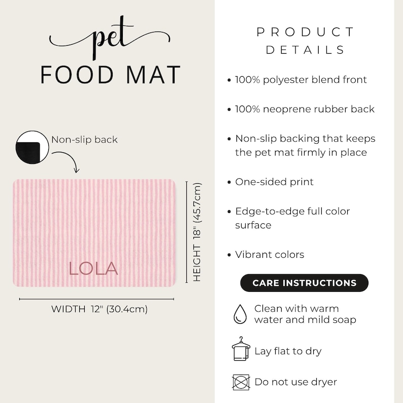 Puede incluir: Alfombrilla para comida de mascotas a rayas rosas y blancas con el nombre "LOLA" impreso. La alfombrilla mide 30,4 cm de ancho y 45,7 cm de alto. El texto "pet FOOD MAT" est&aacute; en la parte superior.