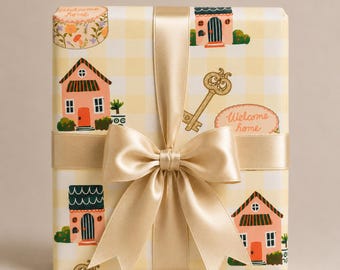 Welcome Home Wrapping Paper Rustic Cottagecore Gift Wrap, Housewarming Gift Wrap Gingham Wrapping Paper Gift Wrap for New Home Owners