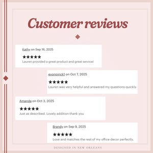 K&ouml;nnte beinhalten: Eine grafische Darstellung mit dem Titel Customer reviews auf hellrosa Hintergrund mit dunkelrotem Text. Sie enth&auml;lt vier F&uuml;nf-Sterne-Bewertungen von Kathy, evonpinck1, Amanda und Brandy mit Feedback. Der untere Text lautet DESIGNED IN NEW ORLEANS.