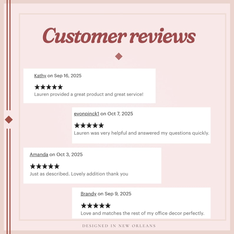 K&ouml;nnte beinhalten: Eine grafische Darstellung mit dem Titel Customer reviews auf hellrosa Hintergrund mit dunkelrotem Text. Sie enth&auml;lt vier F&uuml;nf-Sterne-Bewertungen von Kathy, evonpinck1, Amanda und Brandy mit Feedback. Der untere Text lautet DESIGNED IN NEW ORLEANS.