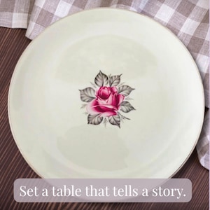 Vintage Rose China Plate, Pink Floral Dinner Plate with Silver Rim, Romantic Cottagecore Tableware, Mid Century Modern China