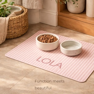 Puede incluir: Una alfombrilla rosa a rayas para la alimentaci&oacute;n de mascotas con el nombre "LOLA" impreso. Dos cuencos de cer&aacute;mica blanca se encuentran sobre la alfombrilla, uno lleno de comida para mascotas. El texto "Function meets beautiful" est&aacute; en la parte inferior.