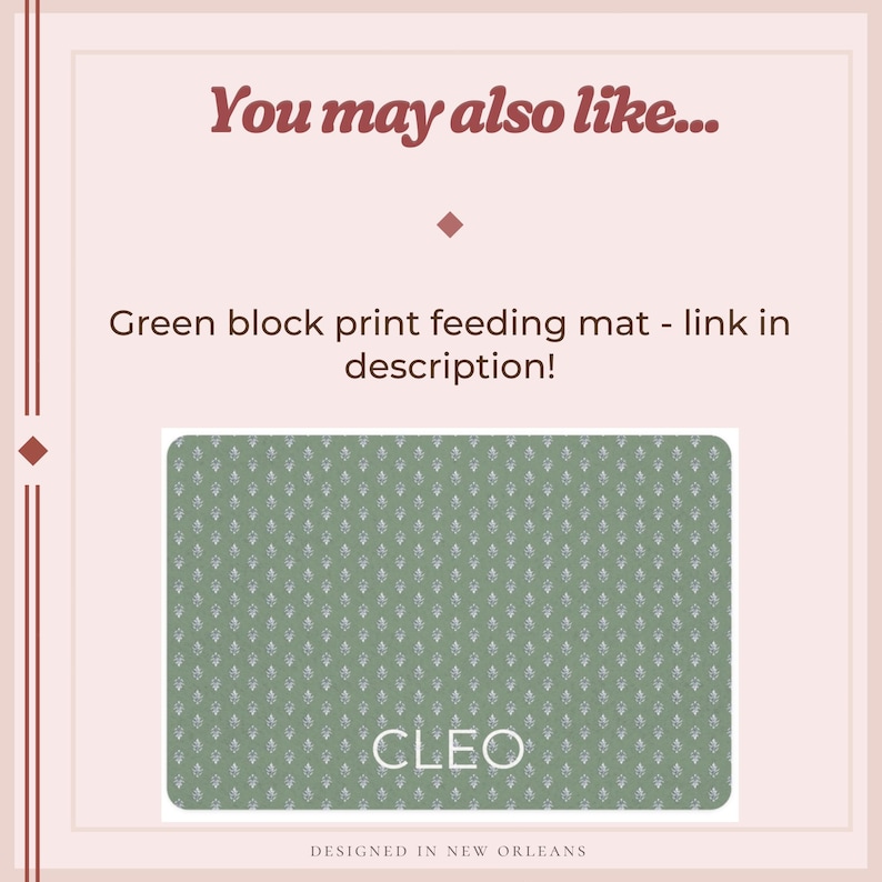 Puede incluir: Una alfombra de alimentaci&oacute;n verde con estampado de bloques blancos y el nombre "CLEO" en texto blanco. La alfombra es rectangular con esquinas redondeadas. El texto "You may also like..." est&aacute; en la parte superior y "DESIGNED IN NEW ORLEANS" en la inferior.