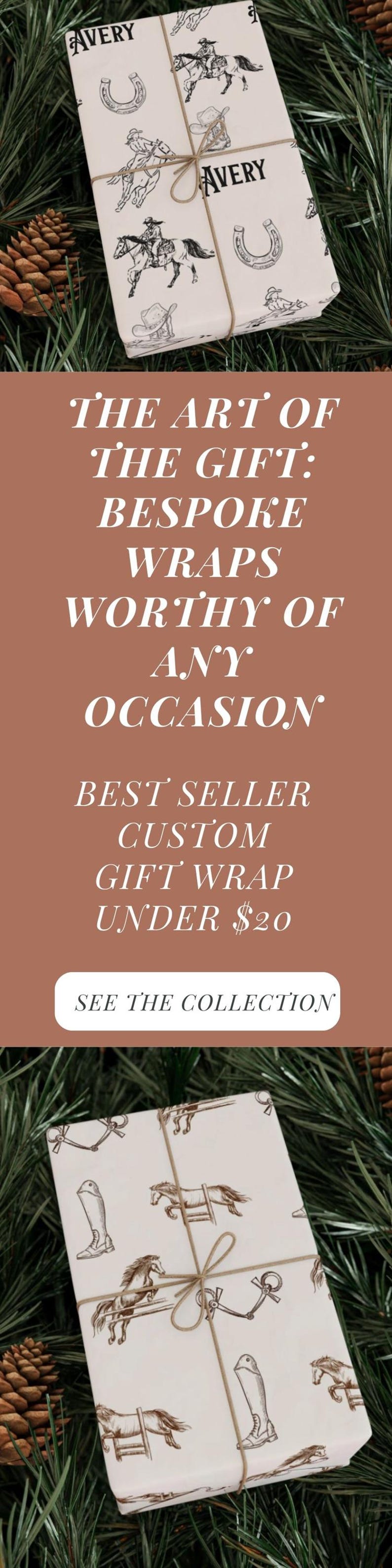 May include: Gift-wrapped present with a western-themed design. The wrapping paper features illustrations of horses, cowboys, and horseshoes. Tied with twine, the gift is set against a backdrop of pine needles and pine cones.