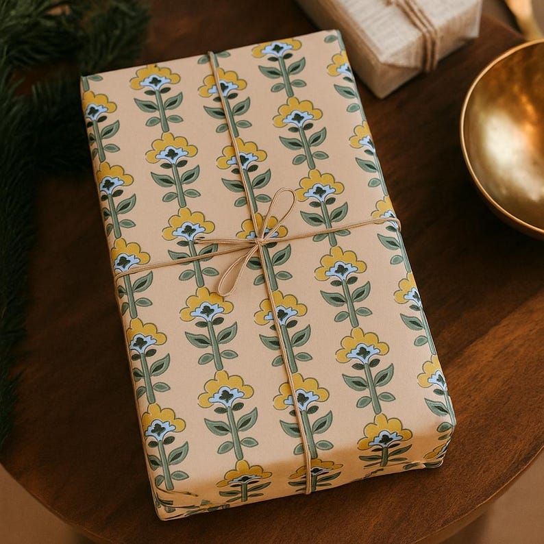 Block print floral wrapping paper, luxury gift wrap with artisan style pattern for weddings or birthdays. Elegant designer gift wrap, block printed style floral wrapping paper for upscale packaging and boutique gifts.