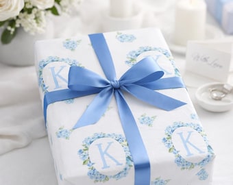 Personalized Blue Hydrangea Floral Gift Wrap For Bridal Shower or Wedding Gift