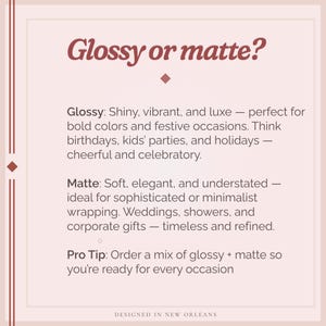 May include: A graphic with text asking "Glossy or matte?" and describing the qualities of each finish. Glossy is shiny and vibrant, while matte is soft and understated. The image suggests ordering a mix.