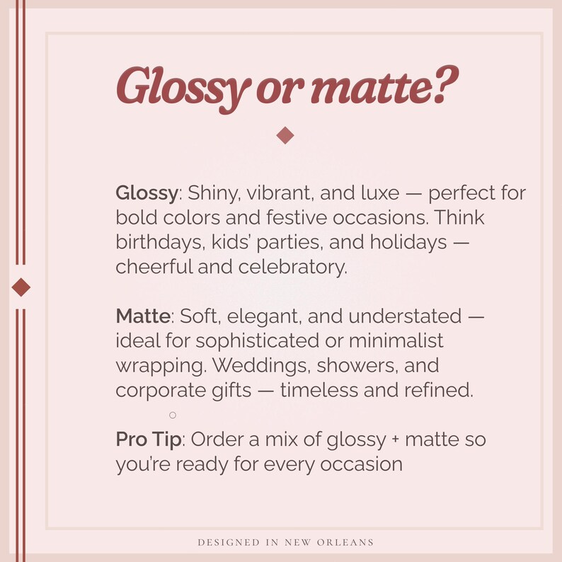 May include: A graphic with text asking "Glossy or matte?" and describing the qualities of each finish. Glossy is shiny and vibrant, while matte is soft and understated. The image suggests ordering a mix.