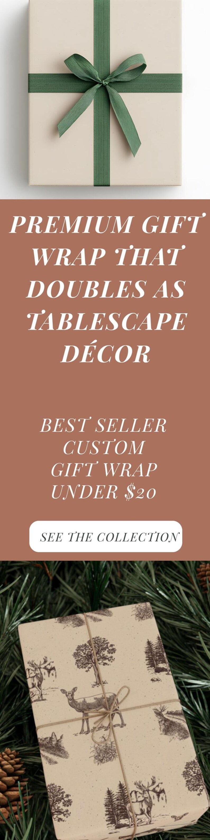 May include: A wrapped gift with a light beige background and a green ribbon tied in a bow. The gift wrap has a forest scene with deer and trees. The image also contains text that reads "Premium Gift Wrap".