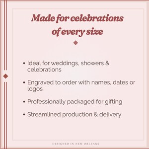 May include: A light pink card with the text "Made for celebrations of every size." The card also includes bullet points about engraving, packaging, and production. The words "Designed in New Orleans" are at the bottom.