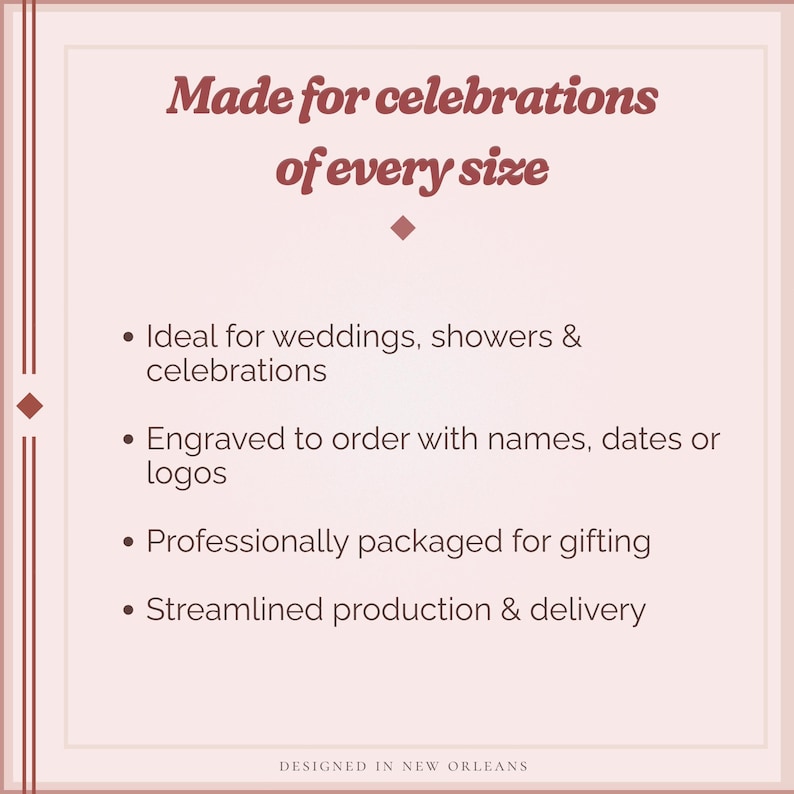 May include: A light pink card with the text "Made for celebrations of every size." The card also includes bullet points about engraving, packaging, and production. The words "Designed in New Orleans" are at the bottom.