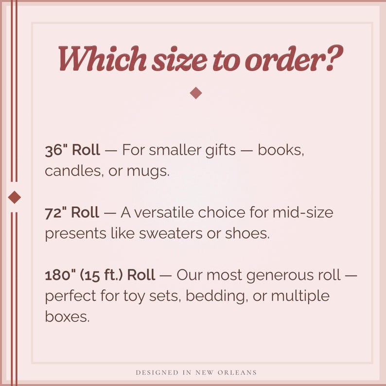 K&ouml;nnte beinhalten: Eine hellrosa Infografik mit dunkelrotem Text unter der &Uuml;berschrift Which size to order? Sie listet drei Optionen auf: eine 91 cm Rolle f&uuml;r B&uuml;cher, Kerzen oder Tassen; eine 183 cm Rolle f&uuml;r Pullover oder Schuhe; und eine 457 cm Rolle f&uuml;r Spielzeugsets.