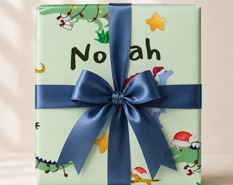 Custom Name Kids Christmas Wrapping Paper, Dinosaur Gift Wrap