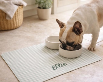Tapete de comida para perros personalizado, mantel individual de cuadros vichy, comedero para cachorros personalizado