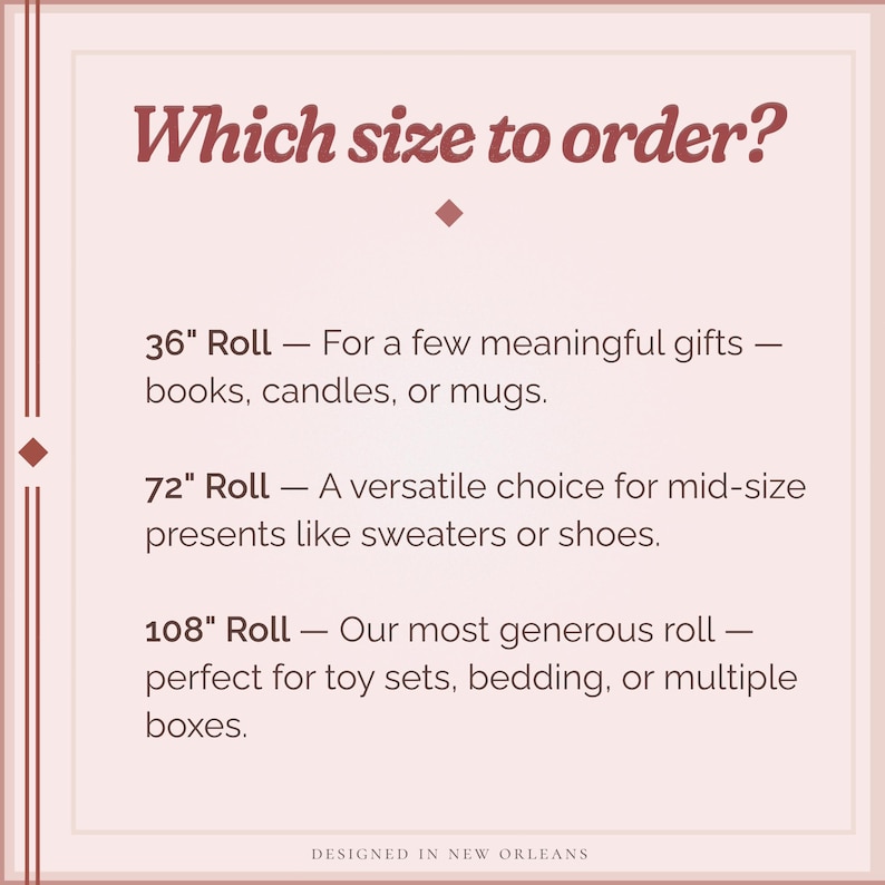 May include: A light pink graphic with the text "Which size to order?" and size recommendations for gift wrapping paper rolls. The sizes are 36", 72", and 108" rolls, with suggestions for use.