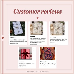 K&ouml;nnte beinhalten: Eine Sammlung von f&uuml;nf Kundenbewertungen mit Bildern verschiedener Geschenkverpackungen. Die Designs umfassen nautische Muster, Strichzeichnungen, rote und rosa vertikale Streifen mit einer dunklen Schleife sowie einen dunkelblauen Blumendruck.