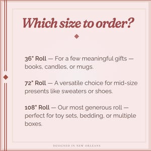 May include: A light pink graphic with text that reads "Which size to order?" and size recommendations for gift wrapping paper rolls. The sizes are 36", 72", and 108" rolls, with gift suggestions for each size.