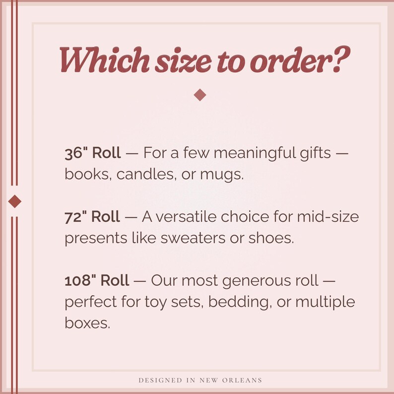 May include: A light pink graphic with text that reads "Which size to order?" and size recommendations for gift wrapping paper rolls. The sizes are 36", 72", and 108" rolls, with gift suggestions for each size.