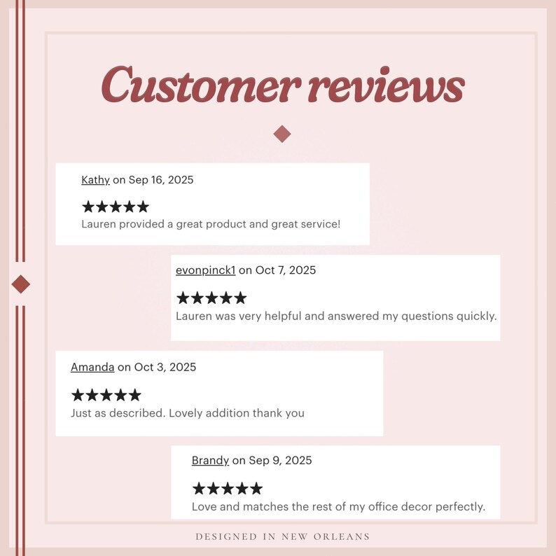 May include: A light pink graphic with the text "Customer reviews" in a burgundy script. Below are customer testimonials with star ratings. The text "Designed in New Orleans" is at the bottom.