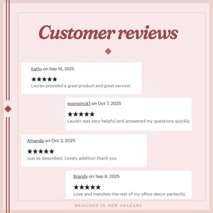 May include: A light pink graphic with the text "Customer reviews" in a burgundy script. Below are customer testimonials with star ratings. The text "DESIGNED IN NEW ORLEANS" is at the bottom.