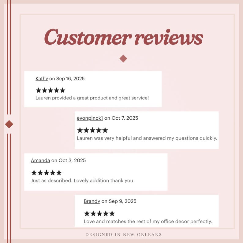 May include: A light pink graphic with the text "Customer reviews" in a burgundy script. Below are customer testimonials with star ratings. The text "DESIGNED IN NEW ORLEANS" is at the bottom.